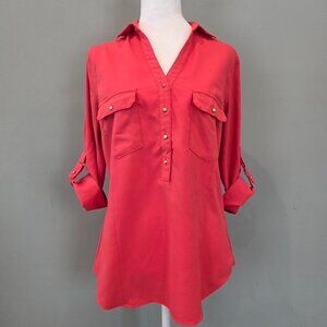 Coral 3/4 Sleeve Collared Blouse. Size Med. Preppy Feminine Boho Colorful Bright